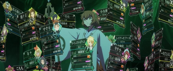 ログ・ホライズン 円卓崩壊の場面カット(大量のステータスウィンドウに囲まれるトウヤ)